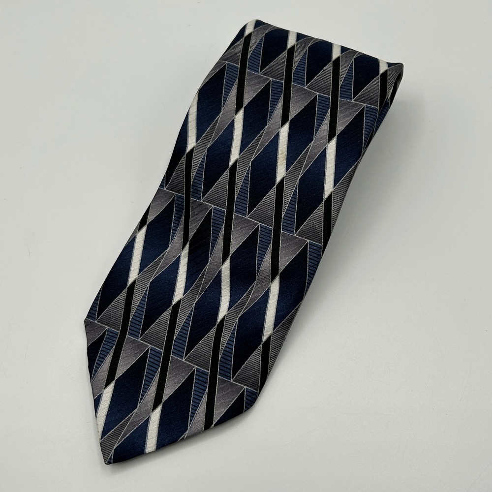 Vintage David Taylor Mens Clip On Tie Navy Blue‎ Grey Geometric Abstract Diamond